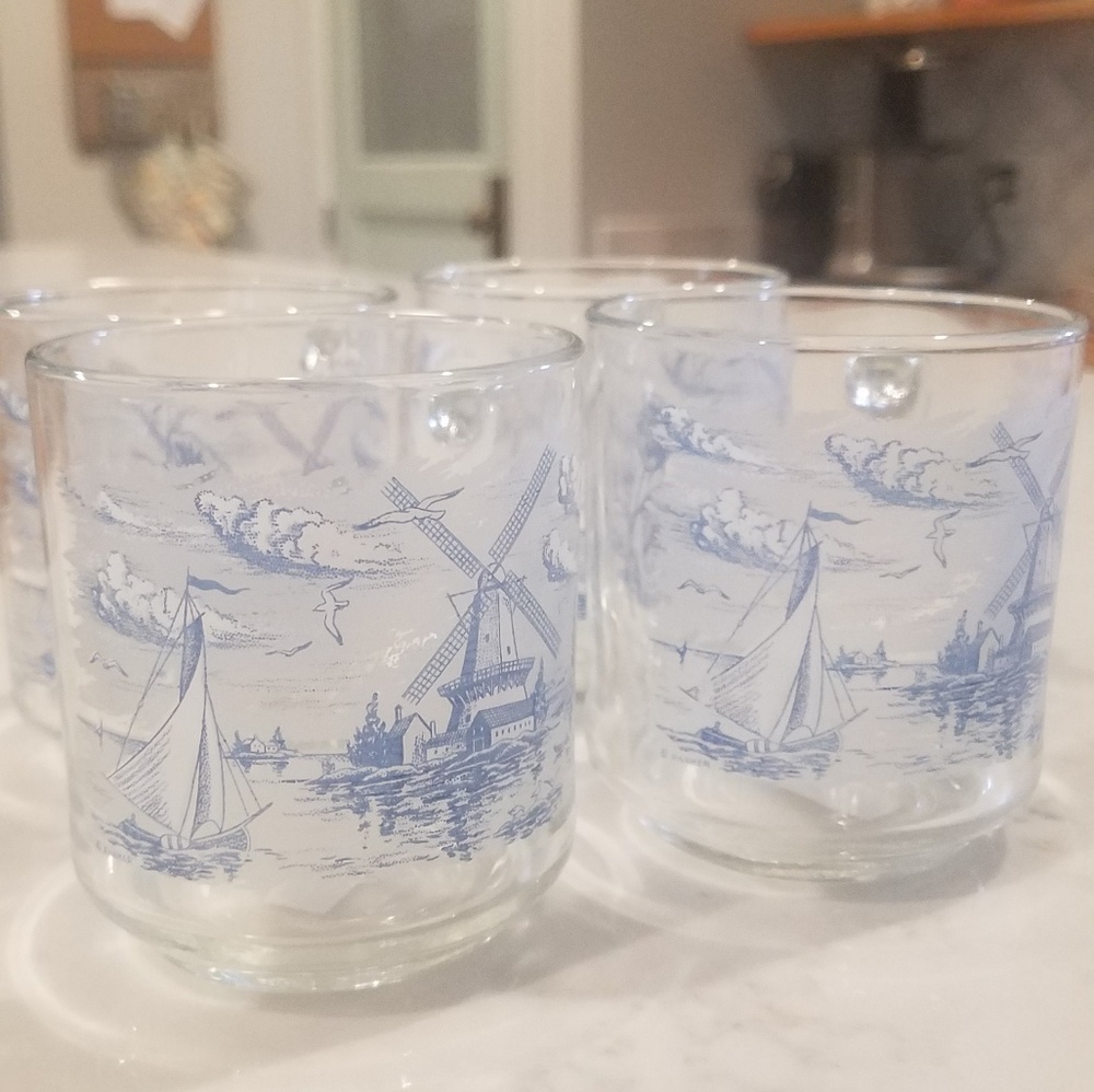 4 vintage Blue and White Luminarc Nautical mugs